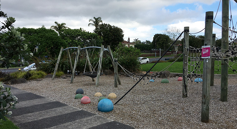 Sainsbury Reserve - Section of the playground showing the swings, climbing nets, and balance balls. Photo credit: S Hulse.