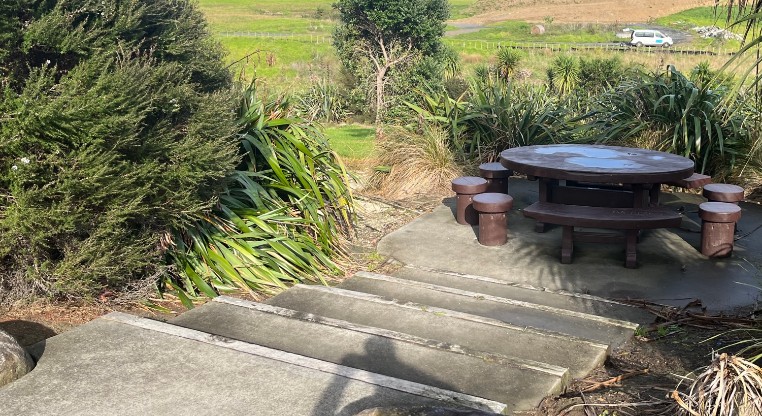 Salford Park - Steps leading to seating area surrounded by shrubs.