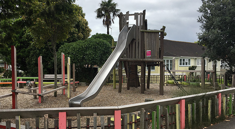 Sandringham Reserve - High wooden fort with climbing nets and a slide, and the balance beams on the left. Photo credit: S Hulse.