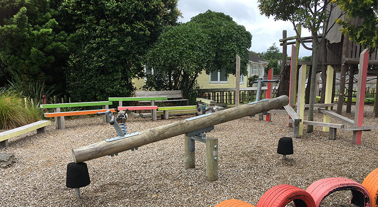 Sandringham Reserve - Painted half tyres, seesaw, balance beams and bouncy toys. Photo credit: S Hulse.