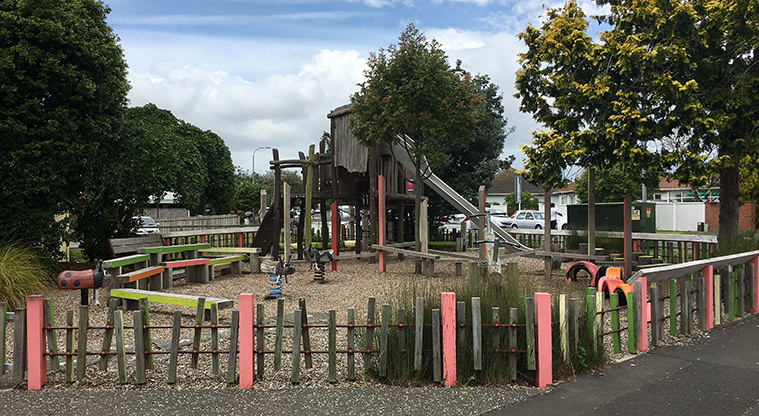 Sandringham Reserve - Whole playground with a low wooden fence around it. Photo credit: S Hulse.