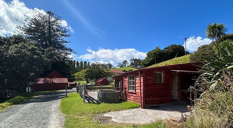 Scandrett Regional Park - The cow shed and the road leading back to the other buildings and the homestead. Photo credit: S Hulse.