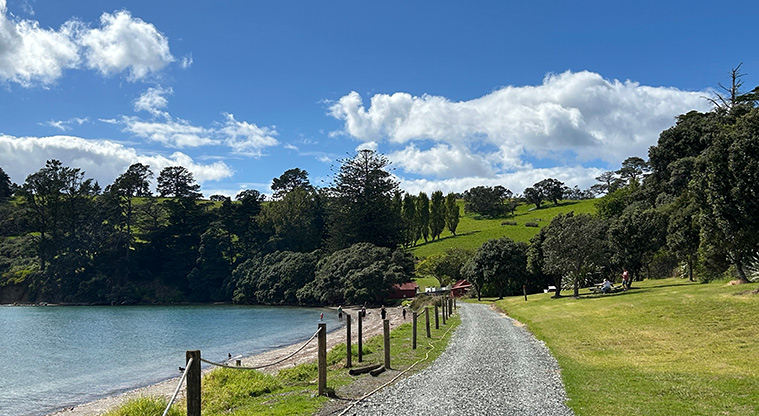 Scandrett Regional Park - Looking east with the beach on the left, and trees and hills in the background. Photo credit: S Hulse.