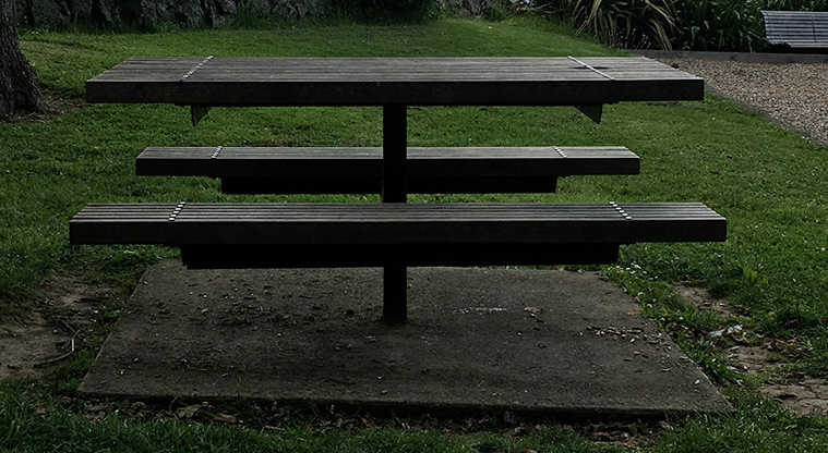 School Reserve - Picnic table and seating next to the playground. Photo credit: S Hulse.