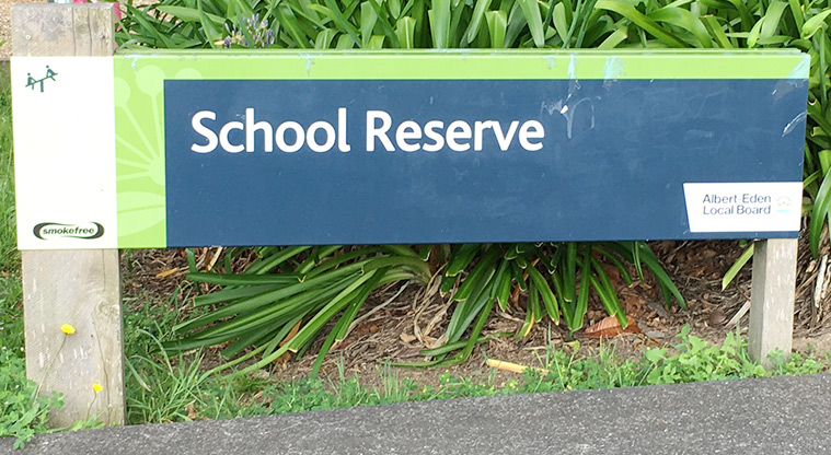 School Reserve - Sign at the Western Springs Road entrance. Photo credit: S Hulse.