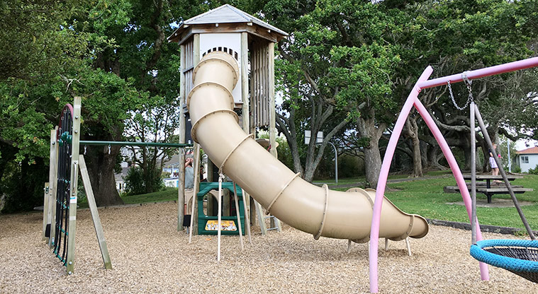 School Reserve - Play tower with a covered curved slide. Photo credit: S Hulse.