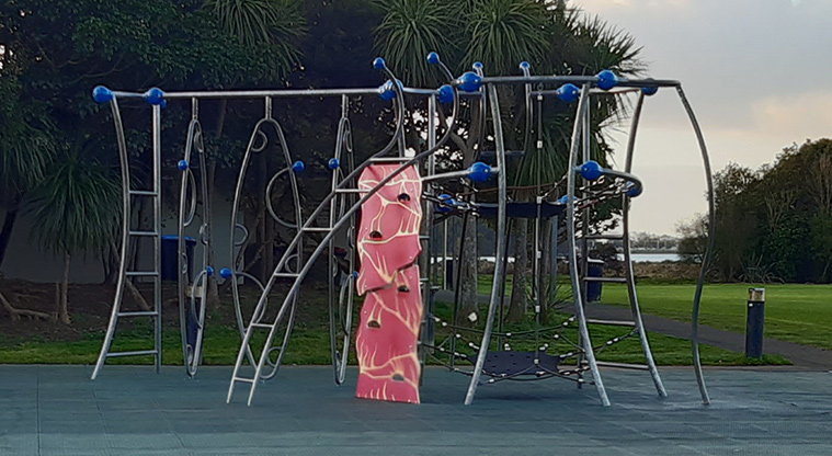 Shore Road Reserve - Play structure with climbing wall, net ropes, and ladders.