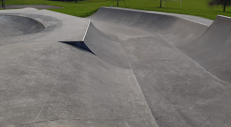 Tiakina / Sister Rene Shadbolt Park - Section of the skate area with a bowl, ramps and more.