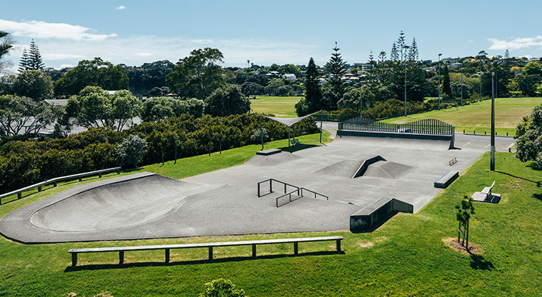 Stanmore Bay Park - Aerial view of the whole skate park with the sports fields in the background. Photo credit: J Farnworth.