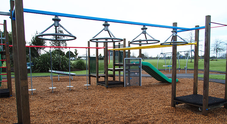 Starling Park - Playground with swing seats, round monkey bars, climbing wall, slides, and swings in the background. Photo credit: Tracey Hodder.