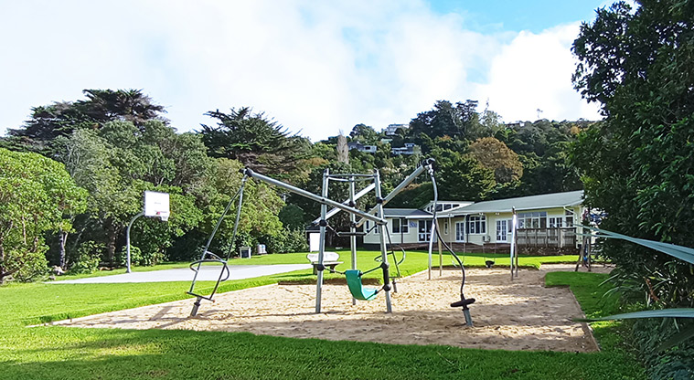 Surfdale Hall Reserve and Foreshore - Playground with the Surfdale Hall in the background. Photo credit: K Sumner.