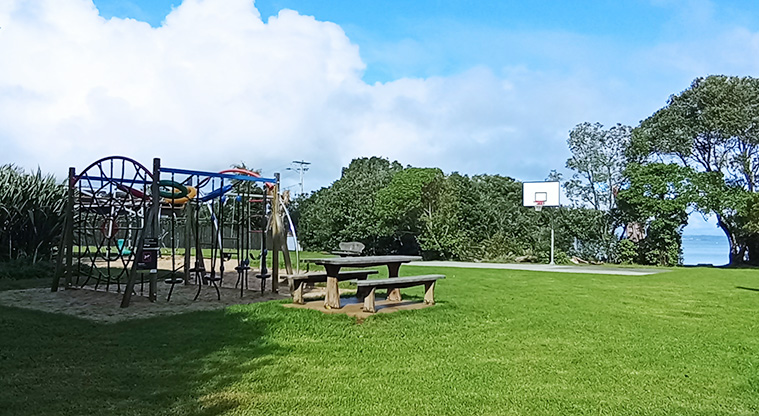 Surfdale Hall Reserve and Foreshore - Playground with climbing equipment and swings, with a nearby picnic table. Photo credit: K Sumner.