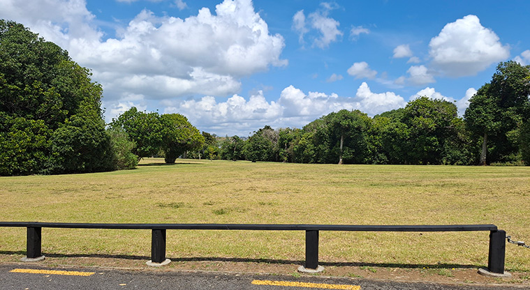 Sylvan Park -  Open grassed space a low fence in the foreground and trees in the background.