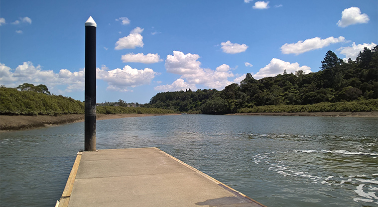Taipari Strand – Edge of the pontoon and looking up Henderson Creek. Photo credit: Tracey Hodder.
