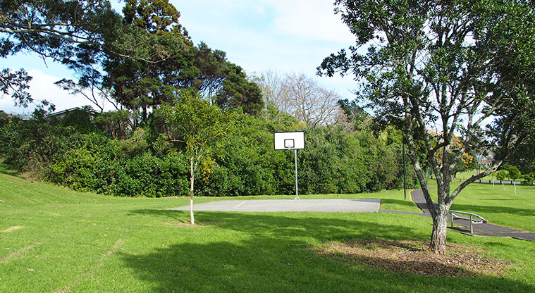 Taipari Strand – Basketball half-court with trees, path and open space. Photo credit: Tracey Hodder.