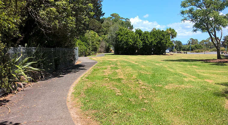 Taipari Strand – Open space and path leading to the car park. Photo credit: Tracey Hodder.