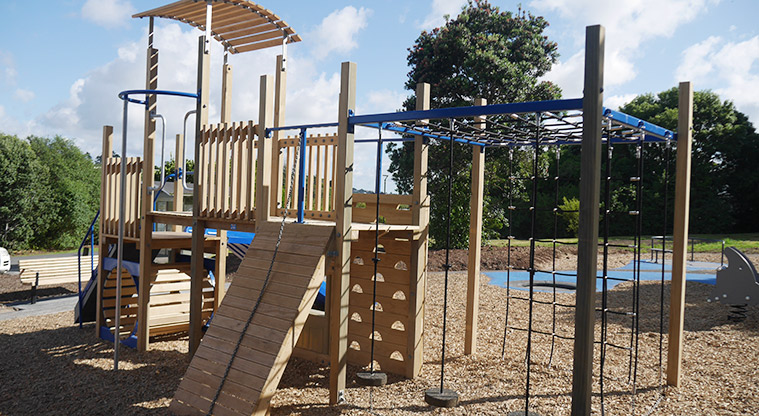 Taipari Strand - Timber play module with climbing equipment, steps, pole, platform and more.