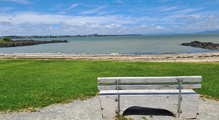 Taumanu Reserve - Seat with a view across the Manukau Harbour to Mangere Bridge and Ambury Farm in the distance.