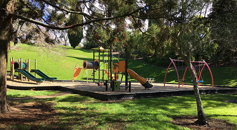 Taumata Reserve - View of the playground from under a tree. Photo credit: S Hulse.