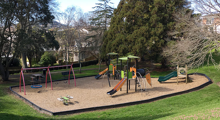 Taumata Reserve - The playground with swings, slides, climbing towers, ladders and bouncy toys. Photo credit: S Hulse.