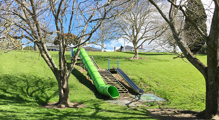 Taumata Reserve - Bottom of the large green slide that runs down the hill. Photo credit: S Hulse.