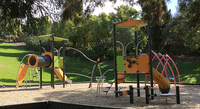 Taumata Reserve -Colourful play modules with climbing equipment and slides. Photo credit: S Hulse.