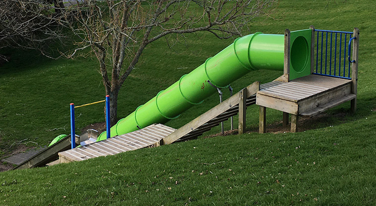 Taumata Reserve - Side of the large green slide that runs down the hill. Photo credit: S Hulse.