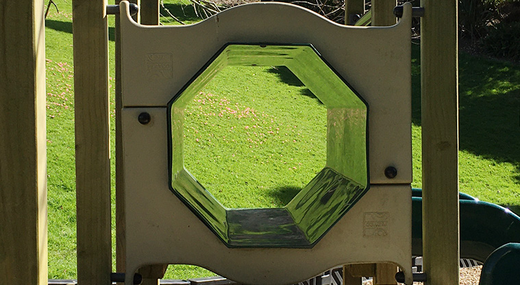 Taumata Reserve - Looking through the covered tunnel between the two green slides. Photo credit: S Hulse.