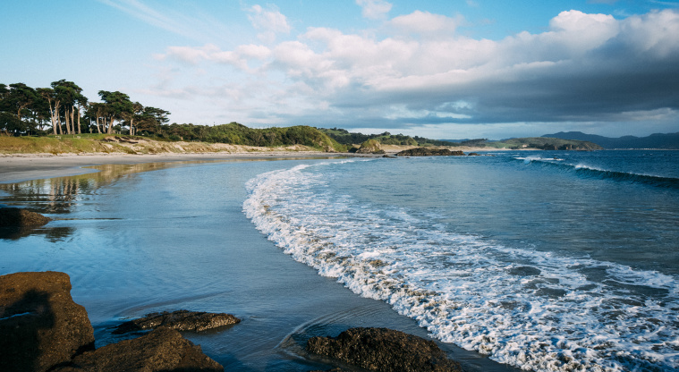 Tāwharanui Regional Park - Eastern end of Anchor Bay looking towards Flat Rock.