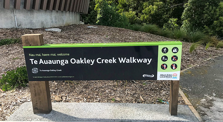 Oakley Creek Walkway - Sign at the northern entrance on Great North Road to the walkway.