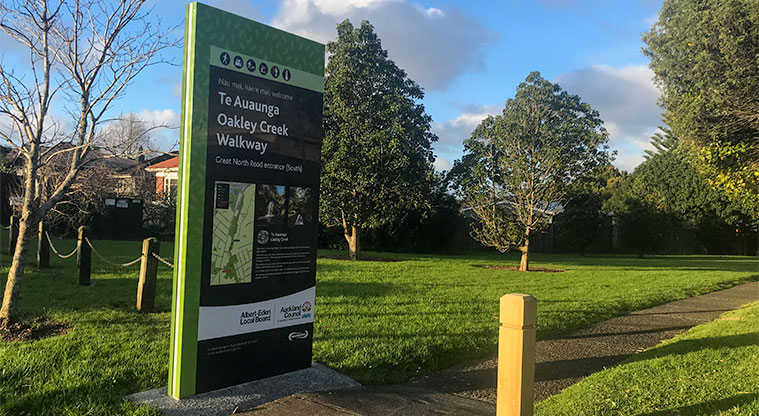 Oakley Creek Walkway - Sign at the southern entrance on Great North Road to the walkway.