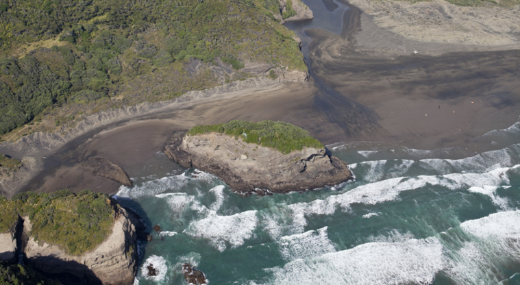 Te Henga (Bethells Beach), Waitākere Ranges Regional Park - Aerial view of privately owned Ihumoana Island (not accessible to the public).