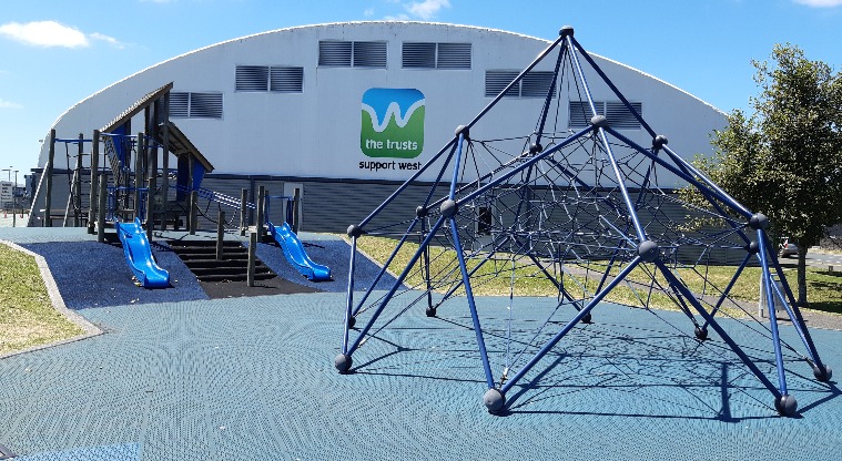 Te Pai Park - Climbing net and slides in the background. Photo credit: Tracey Hodder.