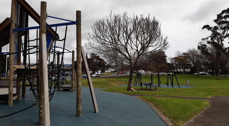 Te Pai Park - The playground and swings are accompanied by picnic tables and benches. Photo credit: Tracey Hodder.