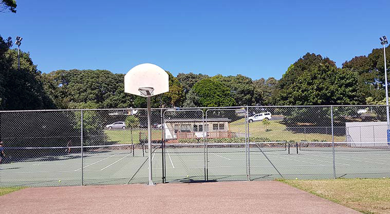 Three Kings Reserve - the tennis courts and adjacent basketball hoop.