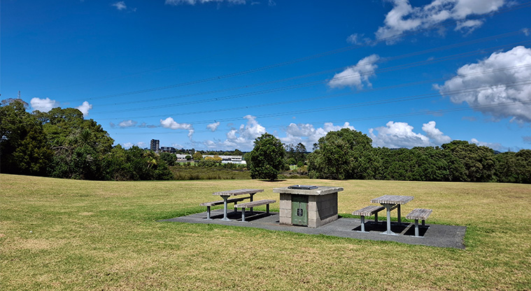 Tony Segedin Esplanade Reserve - Barbecue with two picnic tables in the middle of the reserve. Photo credit: T Hodder.