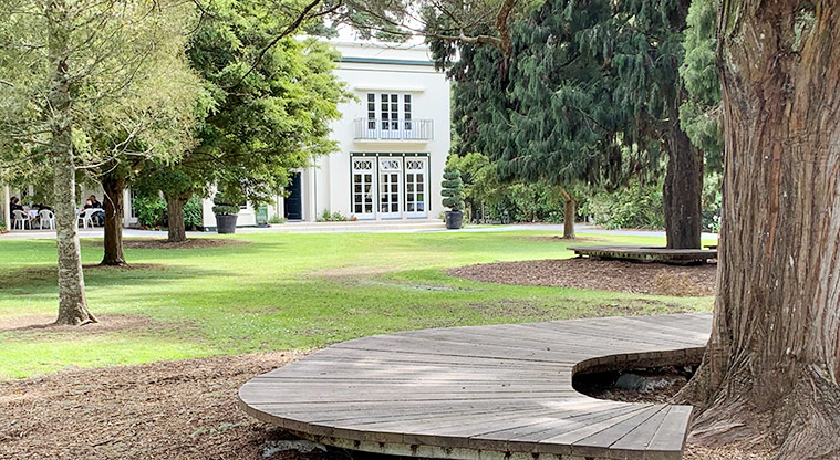 Tōtara Park - Section of boardwalk around a tree with the Beaufords Reception Lounge in the background.