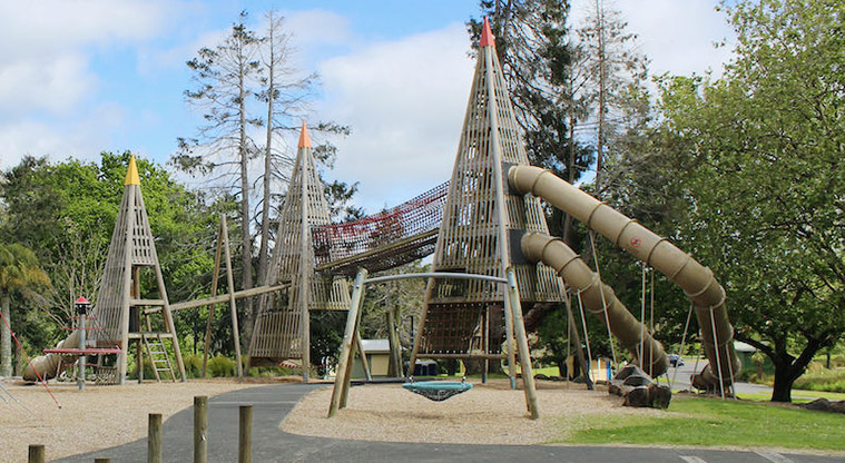 Tūī Glen Reserve - Three tall towers with ramps, nets and slides, and a basket swing in the foreground.