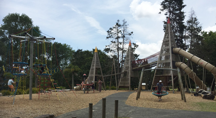 Tūī Glen Reserve - Three tall towers on the right are connected by a series of pipe slides. Before it is a basket swing for all ages and a colourful eagle's nest. Photo credit: Tracey Hodder.