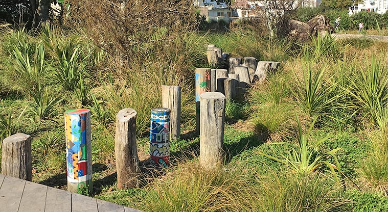 Underwood Park – stepping posts leading from the boardwalk to the playground.