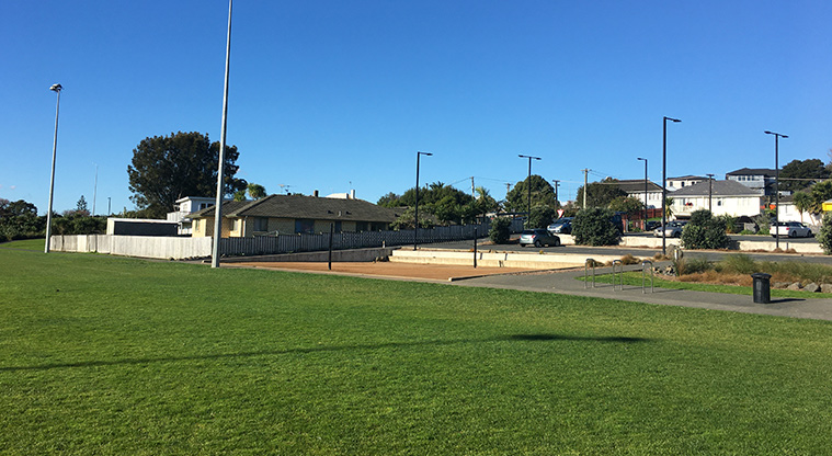 Valonia Reserve - Sports field with the volleyball court and car park in the background. Photo credit: S Hulse.