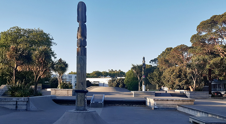 Victoria Park - Section of the skate park with large wooden pou, ramps, steps, and more. Photo credit: J Rudd.