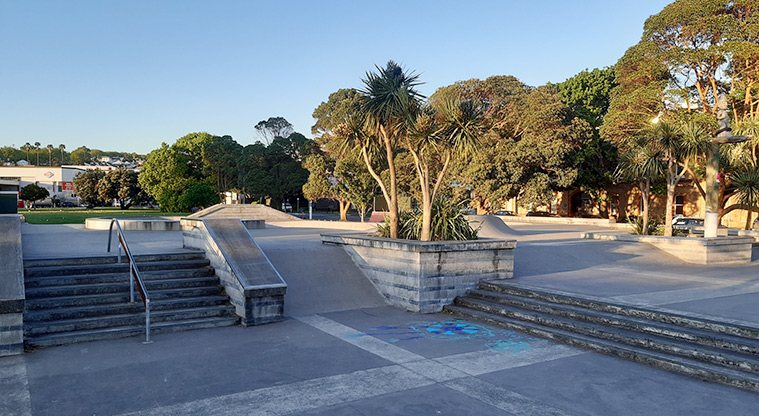 Victoria Park - Skate park showing steps, railing, and ramps. Photo credit: J Rudd.