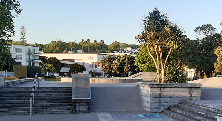 Victoria Park - Skate park showing steps, railing, and ramps. Photo credit: J Rudd.
