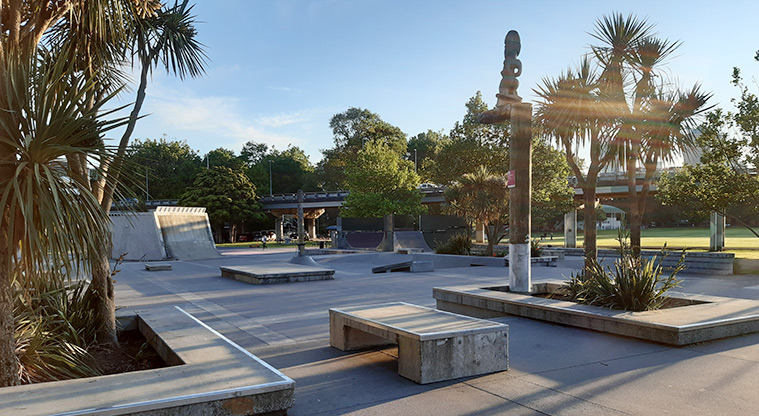 Victoria Park - Section of the skate park with large wooden pou, ramps, benches, and more. Photo credit: J Rudd.