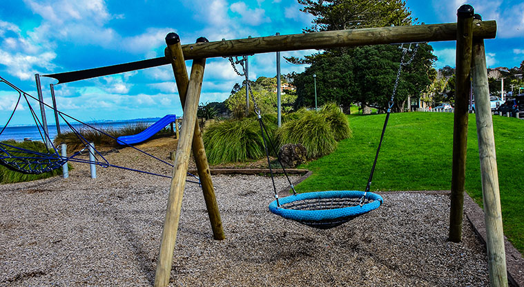Waiake Beach Reserve - Basket swing with the slide in the background. Photo credit: Aleksandar Ćirilović.