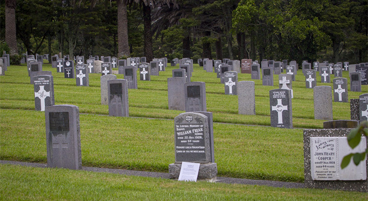 Waikumete Cemetery – Returned Services section with burial plots and headstones.