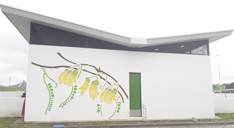 Warkworth Showgrounds - Toilet block with kowhai flowers on the wall.