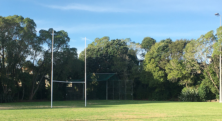 Warren Freer Park - Goal posts at one end of the sports field. Photo credit: S Hulse.