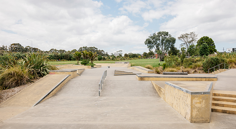 Waterview Reserve - The skate park with a variety of boxes, steps, rails, ramps and more. Photo credit: J Farnworth.